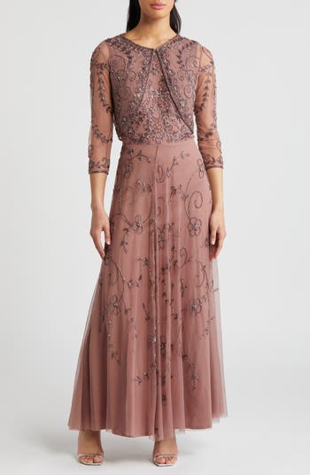 Pisarro Nights Women's Beaded Mesh Gown with Jacket - Green - Gowns