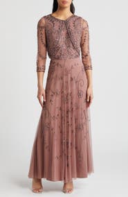 Pisarro Nights Beaded Mesh Gown with Jacket
