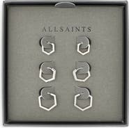 AllSaints Set of 3 Crystal Hexagonal Hoop Earrings