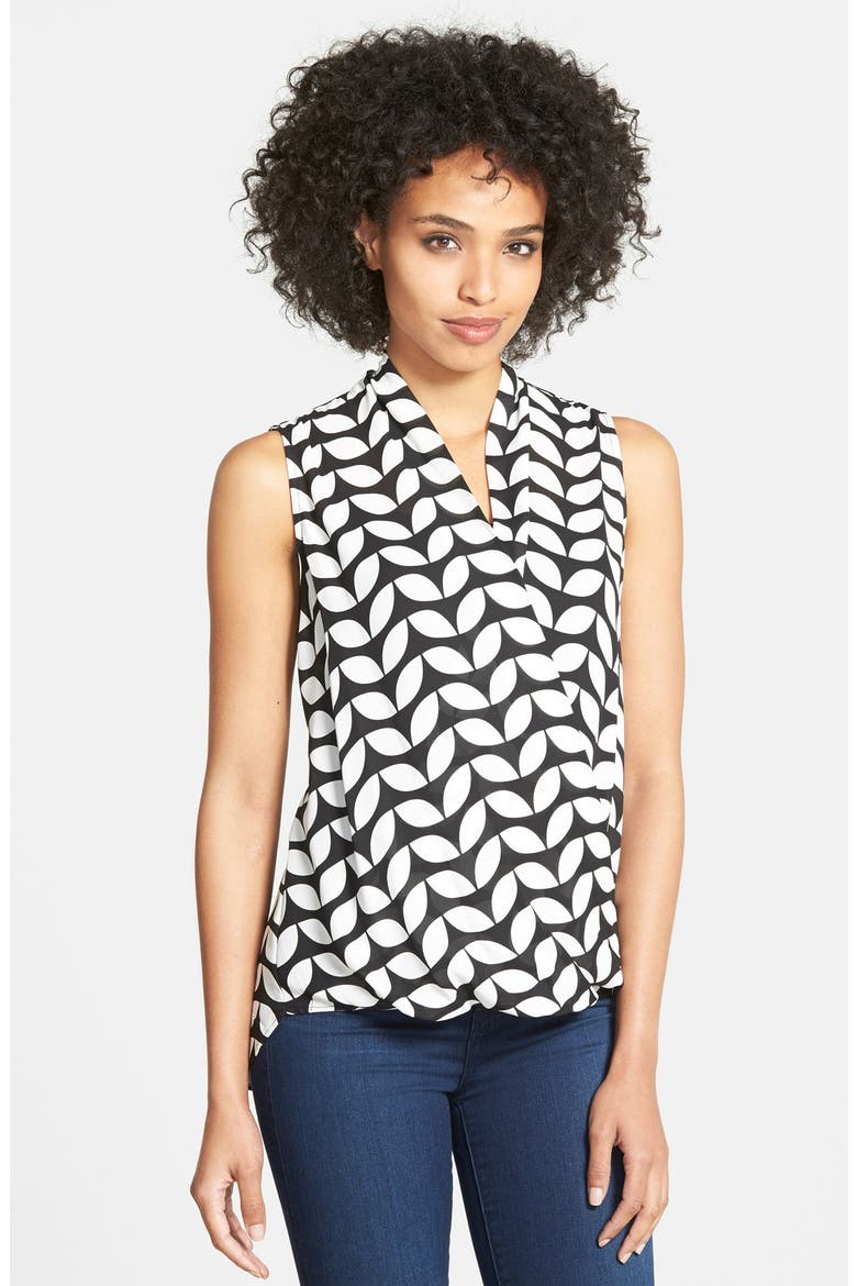 Sleeveless Faux Wrap Blouse, Main, color, BLACK/ WHITE STENCIL LEAF