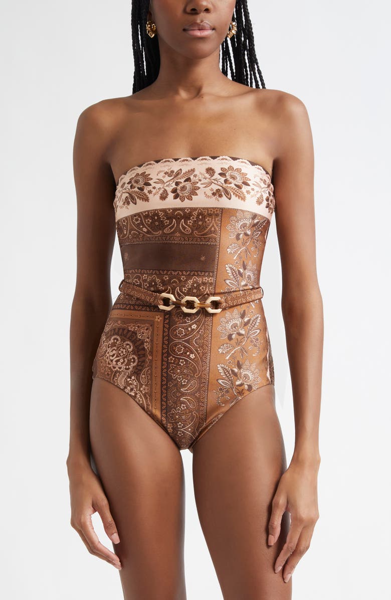 Zimmermann Lucky Belted One-Piece Bandeau Swimsuit, Main, color, Chocolate Bandana