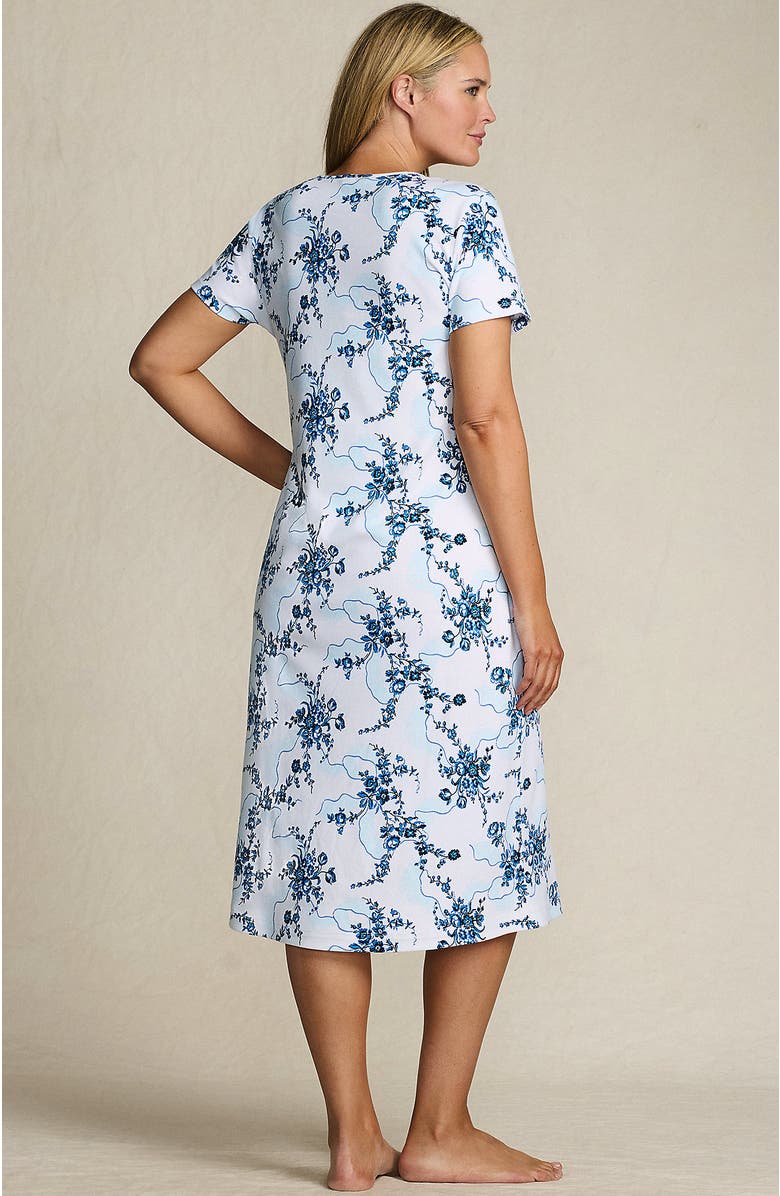 Lands' End Cotton Short Sleeve Midcalf Nightgown, Alternate, color, White/Muted Cobalt Lace Floral