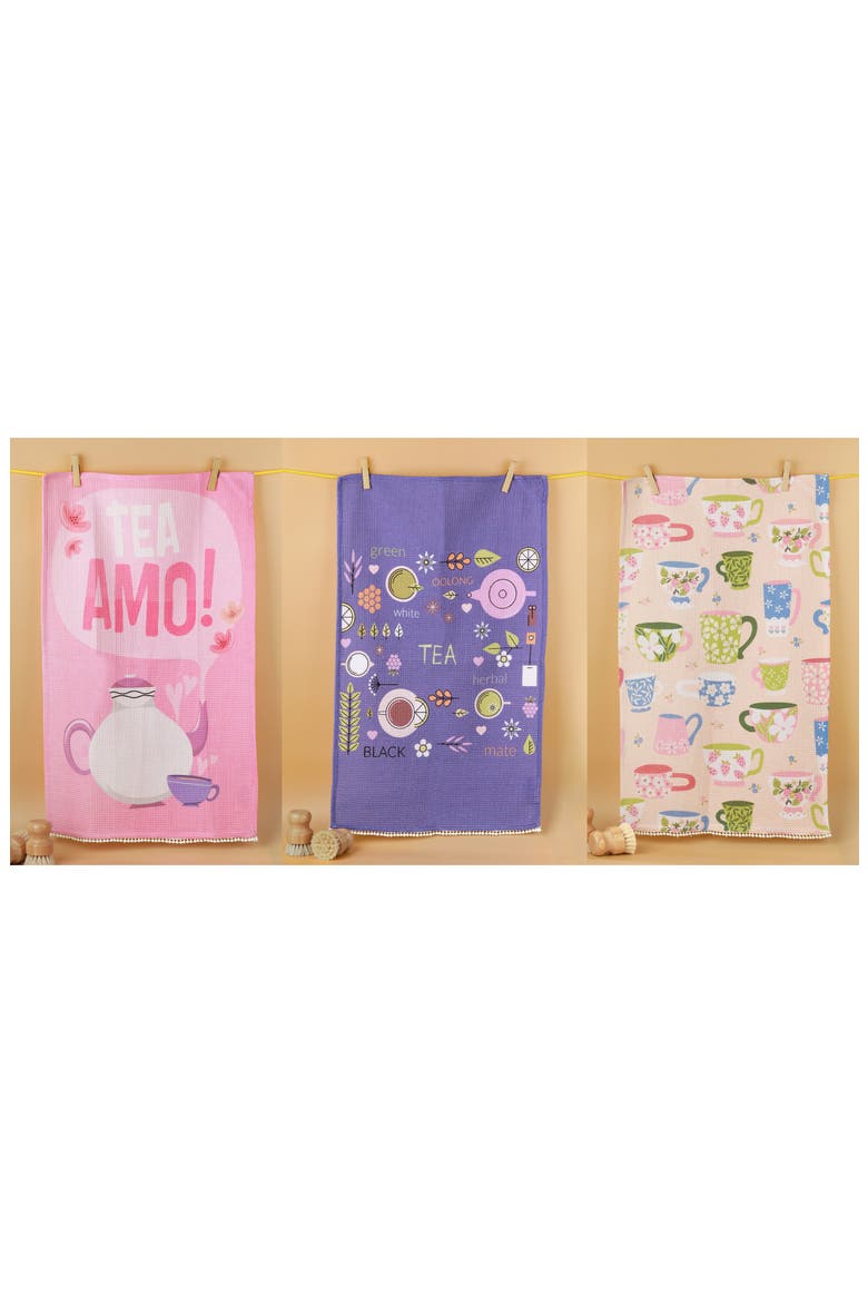 Time For Tea Set of 3 Kitchen Towels, Alternate, color, PURPLE/ PINK/ GREEN