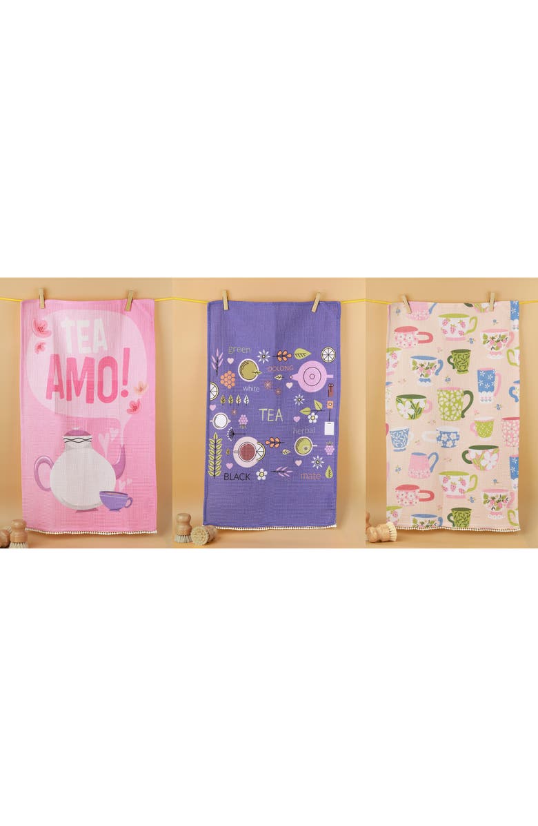 Tiramisu Time For Tea Set of 3 Kitchen Towels, Alternate, color, Purple/ Pink/ Green