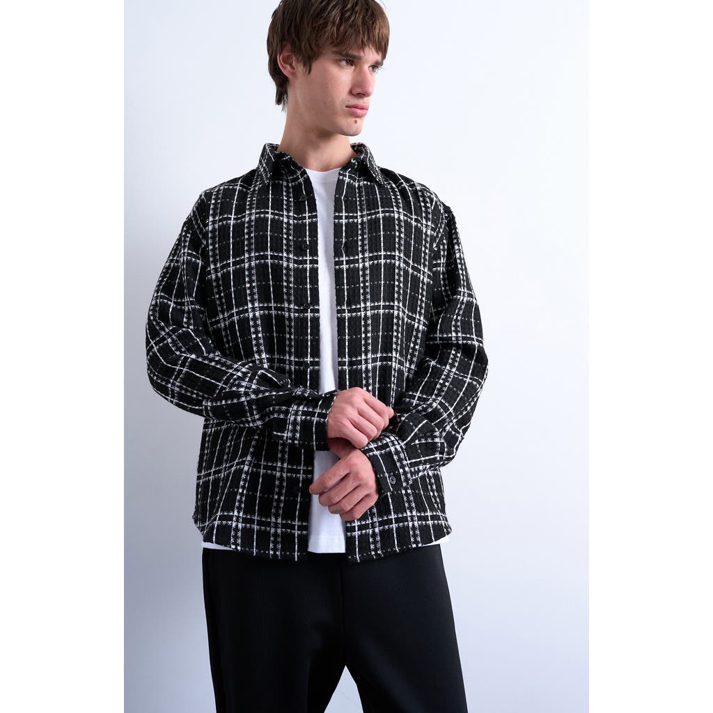 Topman Textured Check Overshirt In Black