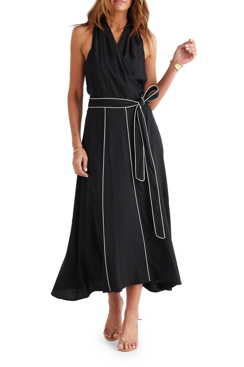 Ari Tie Waist Sleeveless Linen Blend Maxi Dress, Main, color, BLACK W WHITE