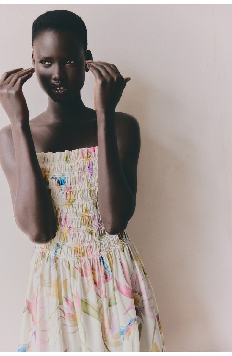 H&M Smocked-bodice Strappy Dress, Alternate, color, Cream/Floral