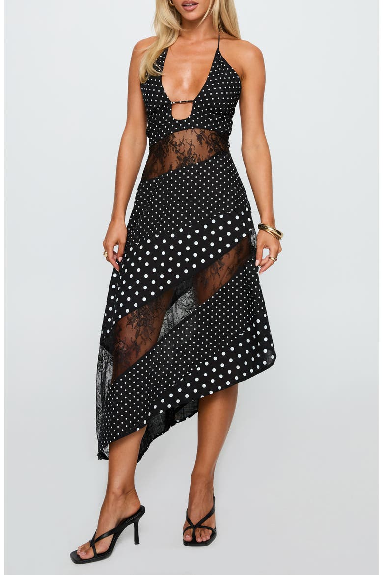 Down with Love Asymmetric Sleeveless Midi Dress, Main, color, BLACK / WHITE POLKA