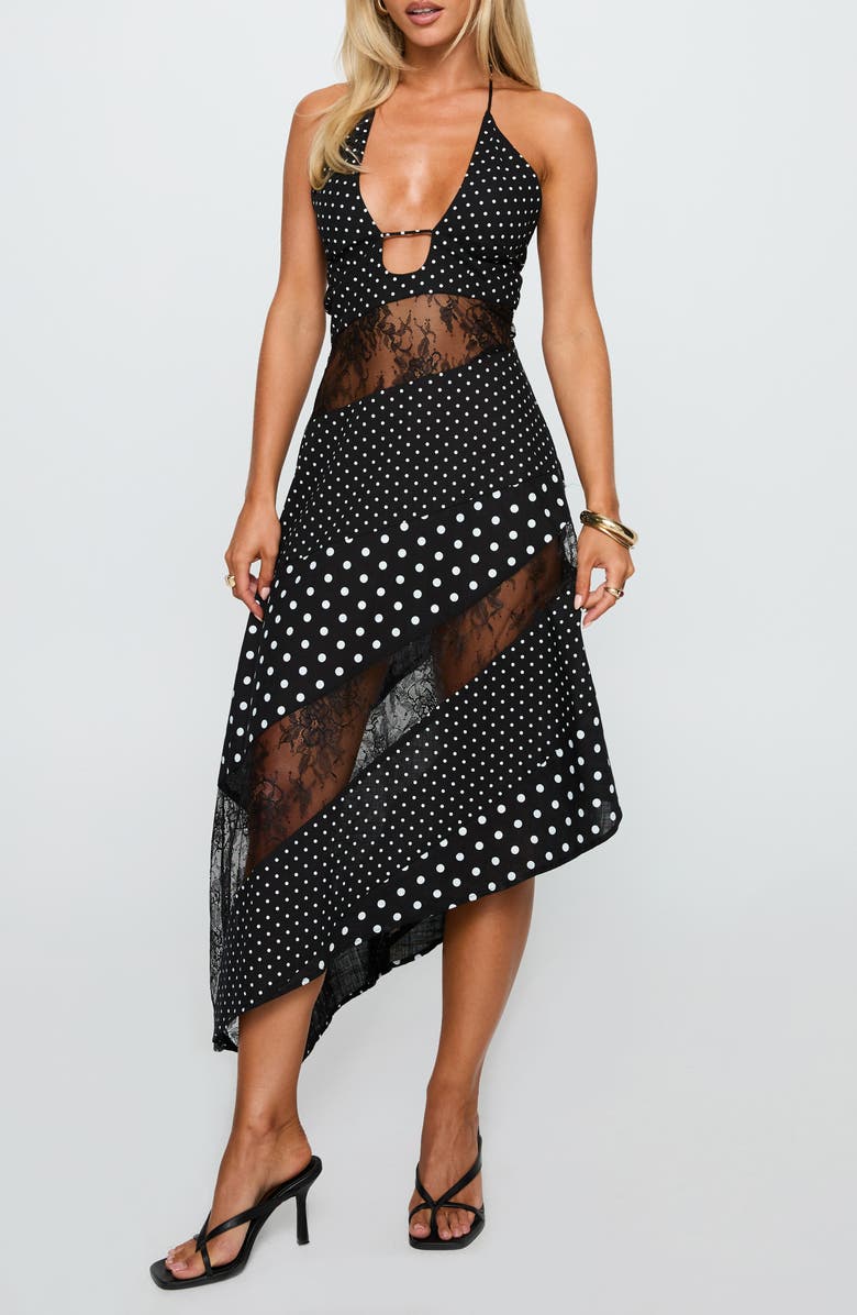 Princess Polly Down with Love Asymmetric Sleeveless Midi Dress, Main, color, Black / White Polka