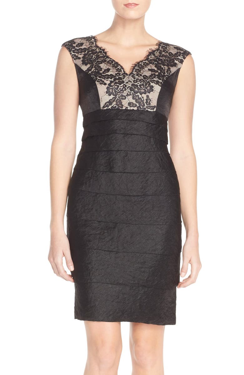 London Times Lace & Pleat Satin Sheath Dress, Main, color,