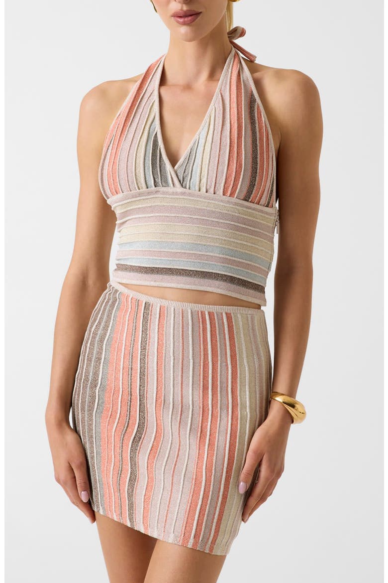 Rosy Stripe Metallic Knit Halter Neck Sweater, Main, color, BROWN