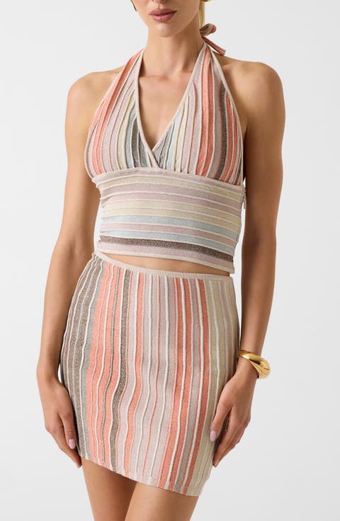 Rosy Stripe Metallic Knit Halter Neck Sweater