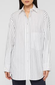 Lafayette 148 New York Oversize Stripe Cotton Button-Up Shirt