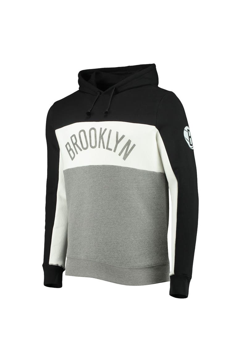 Men's Junk Food Black/White Brooklyn Nets Wordmark Colorblock Fleece Pullover Hoodie, Alternate, color, Black