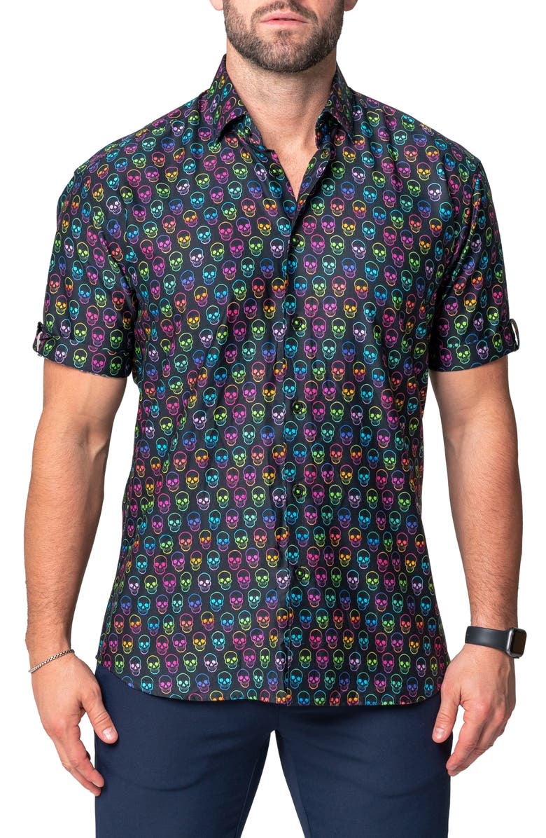 Maceoo Galileo Skull Regular Fit Short Sleeve Button-Up Shirt, Main, color, 