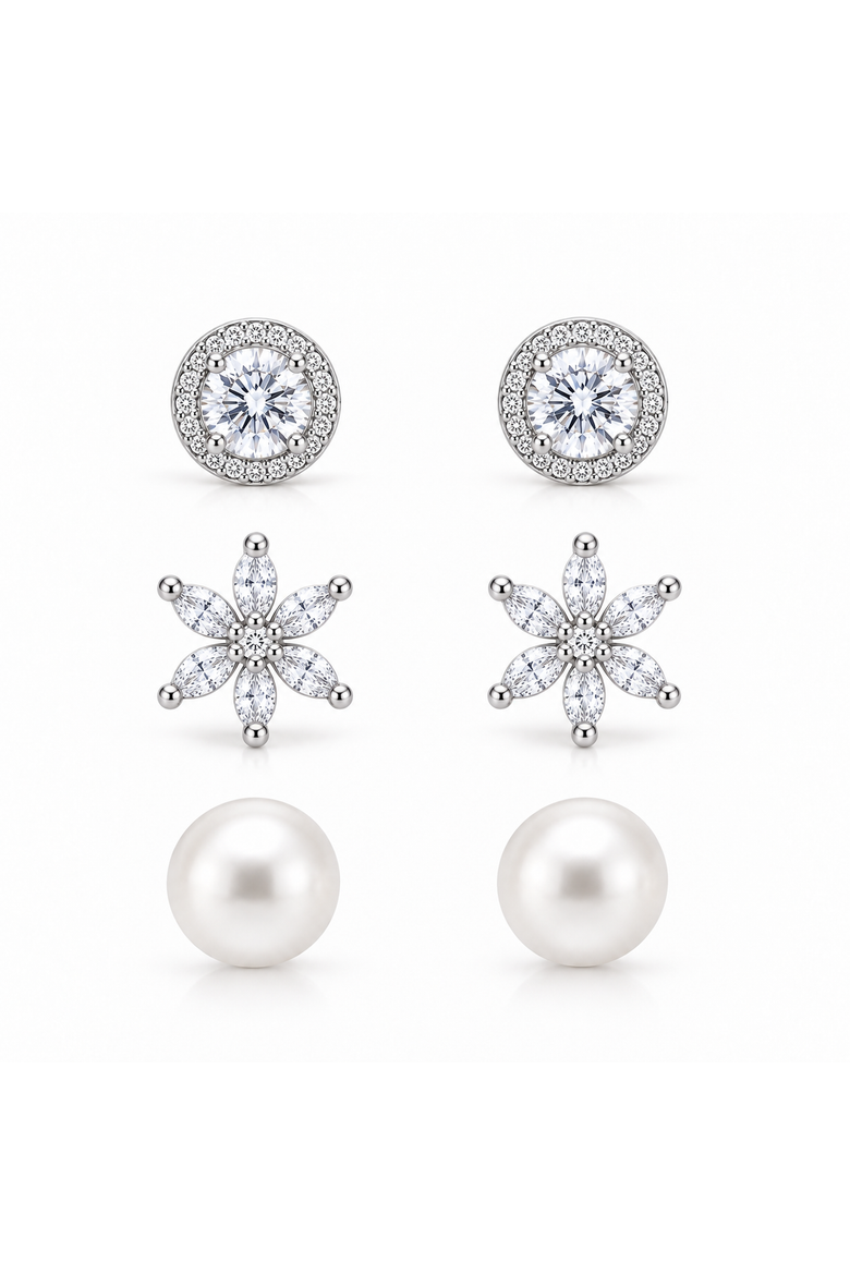 Set Of 3 Sterling Silver Halo Floral & Pearl Earring, Main, color, Silver