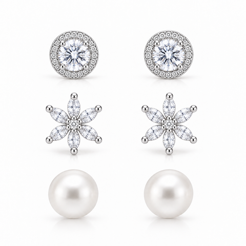 Set Of 3 Sterling Silver Halo Floral & Pearl Earring