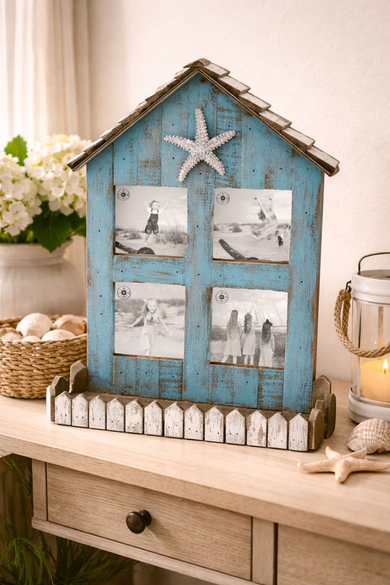 Teal Coastal Beach House 3x3 4-Section Wooden Photo Picture Frame, Alternate, color, Blue