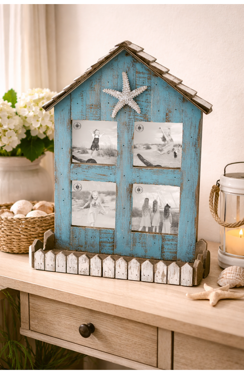 Beachcombers Teal Coastal Beach House 3x3 4-Section Wooden Photo Picture Frame, Alternate, color, Blue