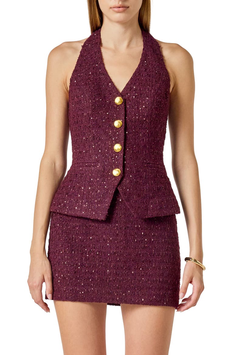 Halter Tweed Button Vest, Main, color, MERLOT