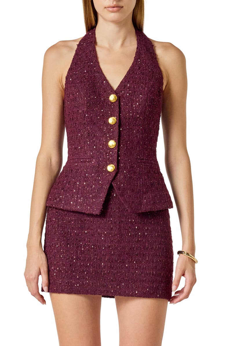 Endless Rose Halter Tweed Button Vest, Main, color, Merlot