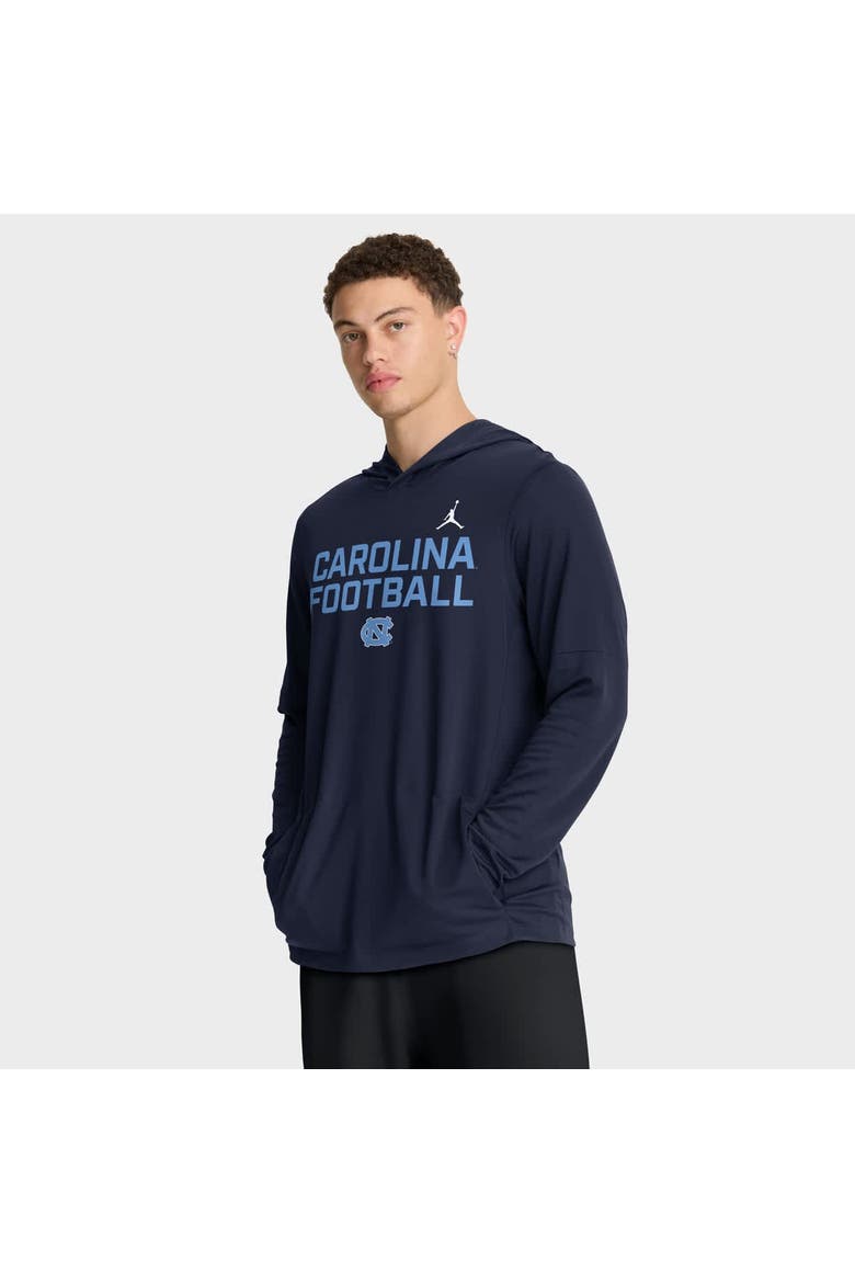 Men's Jordan Brand Navy North Carolina Tar Heels 2025 Sideline Dri-FIT Long Sleeve Hoodie T-Shirt, Main, color, Navy