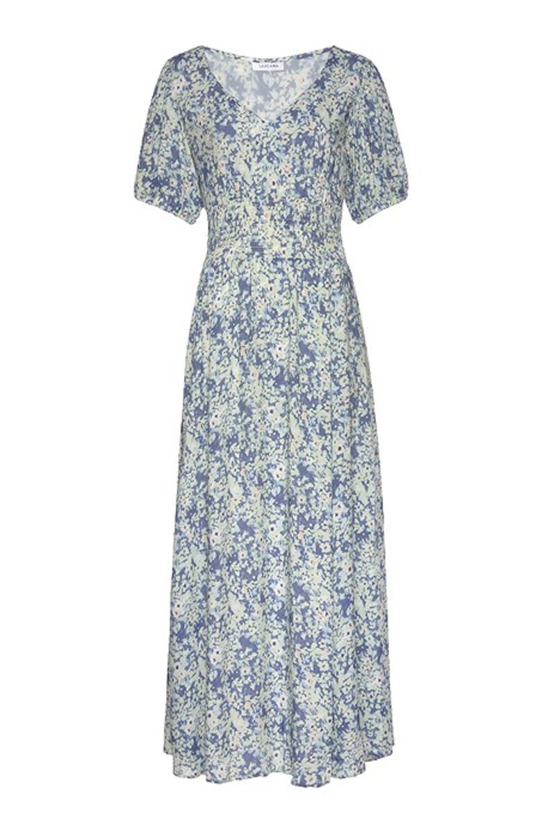 LASCANA Women's Floral Puff Sleeve Maxi Dress, Alternate, color, Navy Printed