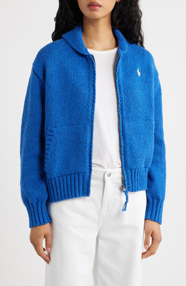 Polo Ralph Lauren Wave Logo Cotton Zip Cardigan, Main, color, Sapphire Multi