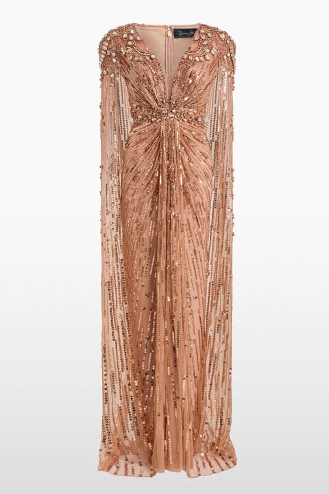 Lotus Lady Sequin-Embellished Cape Gown