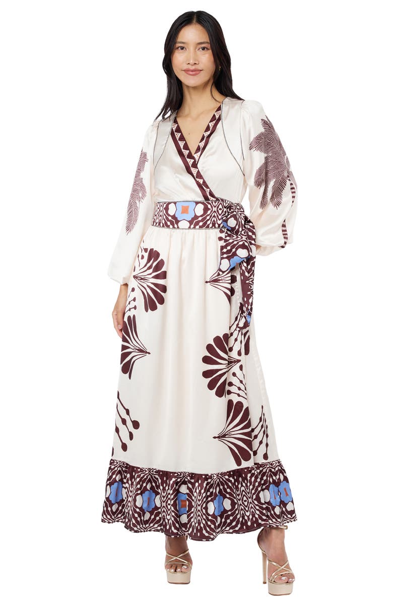 CIEBON Willow Print Long Sleeve Satin Maxi Dress, Alternate, color, Cream Multi