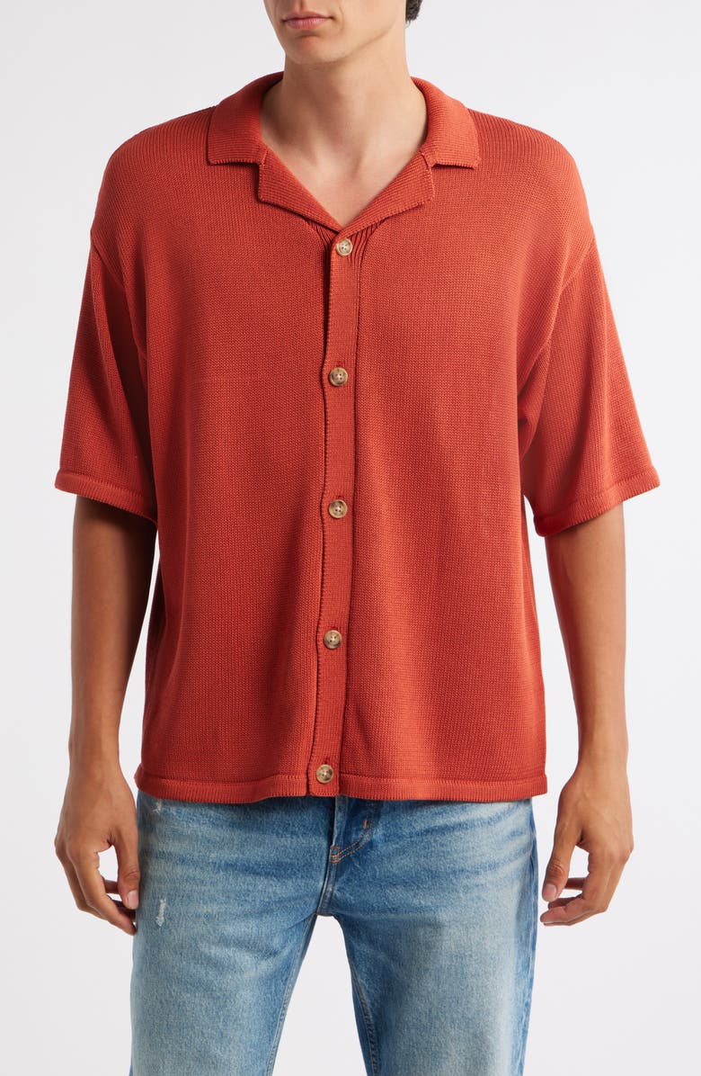 Topman Relaxed Fit Knit Camp Shirt, Main, color, Red