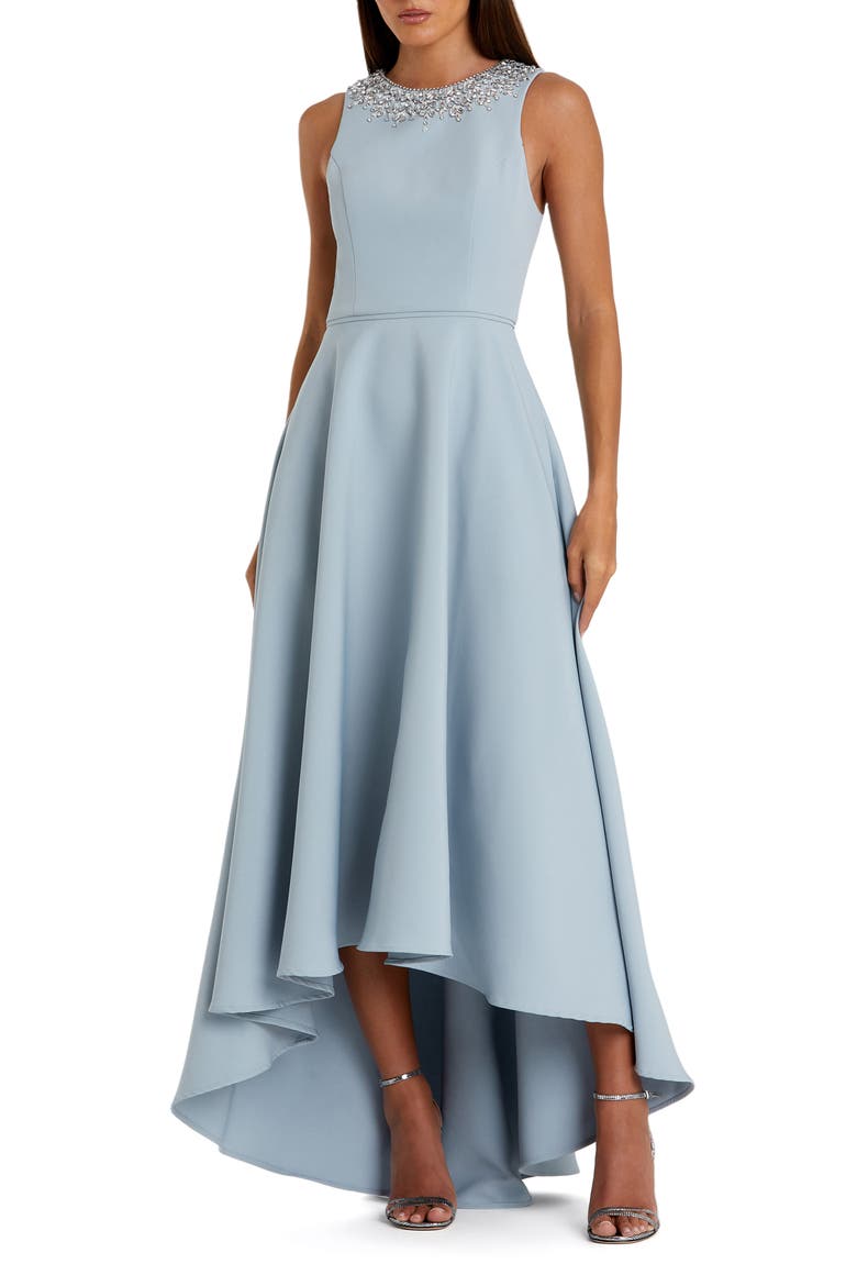 Crepe Embellished Neck High Low Gown, Main, color, Powder Blue