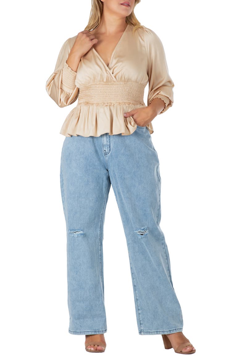 Smocked Peplum Satin Top, Alternate, color, CHAMPAGNE