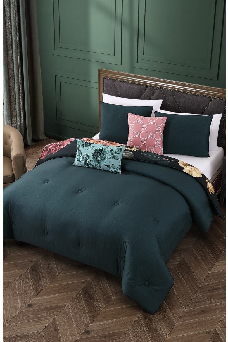Botanical Birds Reversible Cotton Sateen Comforter Set, Alternate, color, BLACK