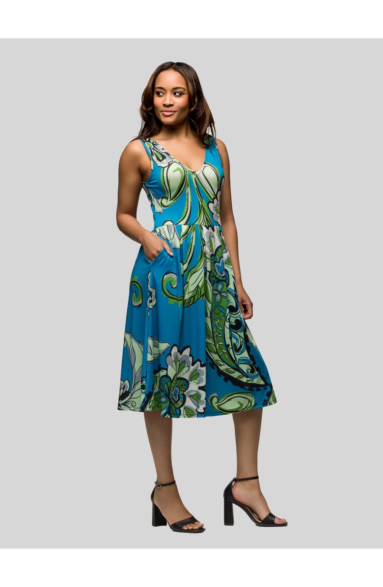 24seven Comfort Apparel Midi Length Teal Paisley Print Sleeveless Pleated Pocket Dress, Alternate, color, Blue Multi