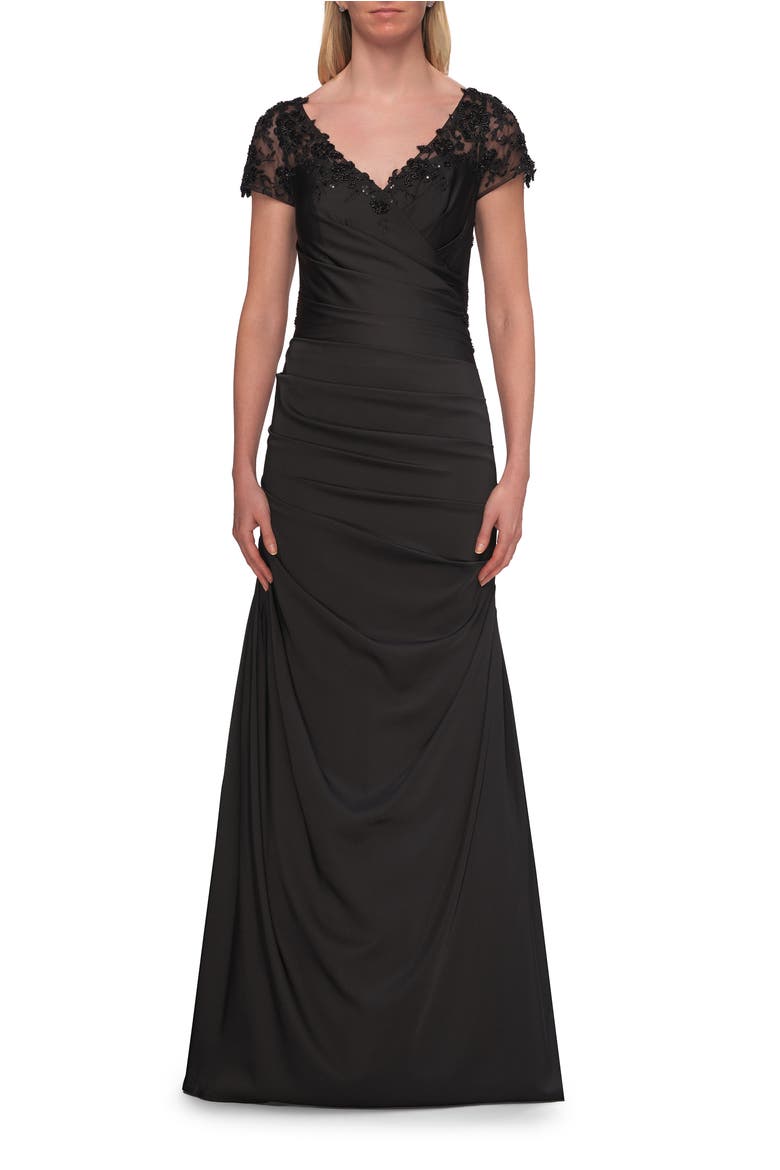 Ruched Satin Gown with Lace Cap Sleeves, Main, color, Black