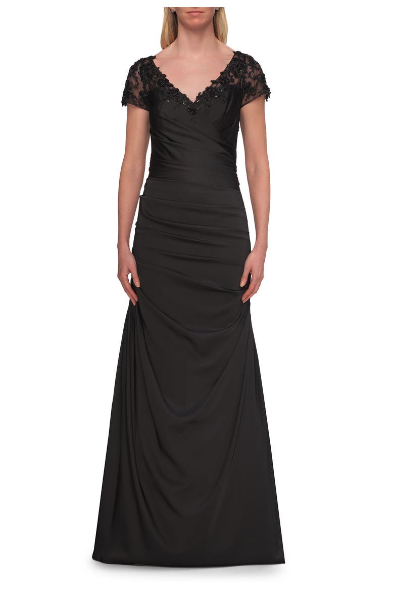 La Femme Ruched Satin Gown with Lace Cap Sleeves, Main, color, Black