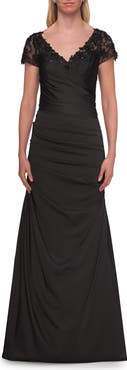 La Femme Ruched Satin Gown with Lace Cap Sleeves