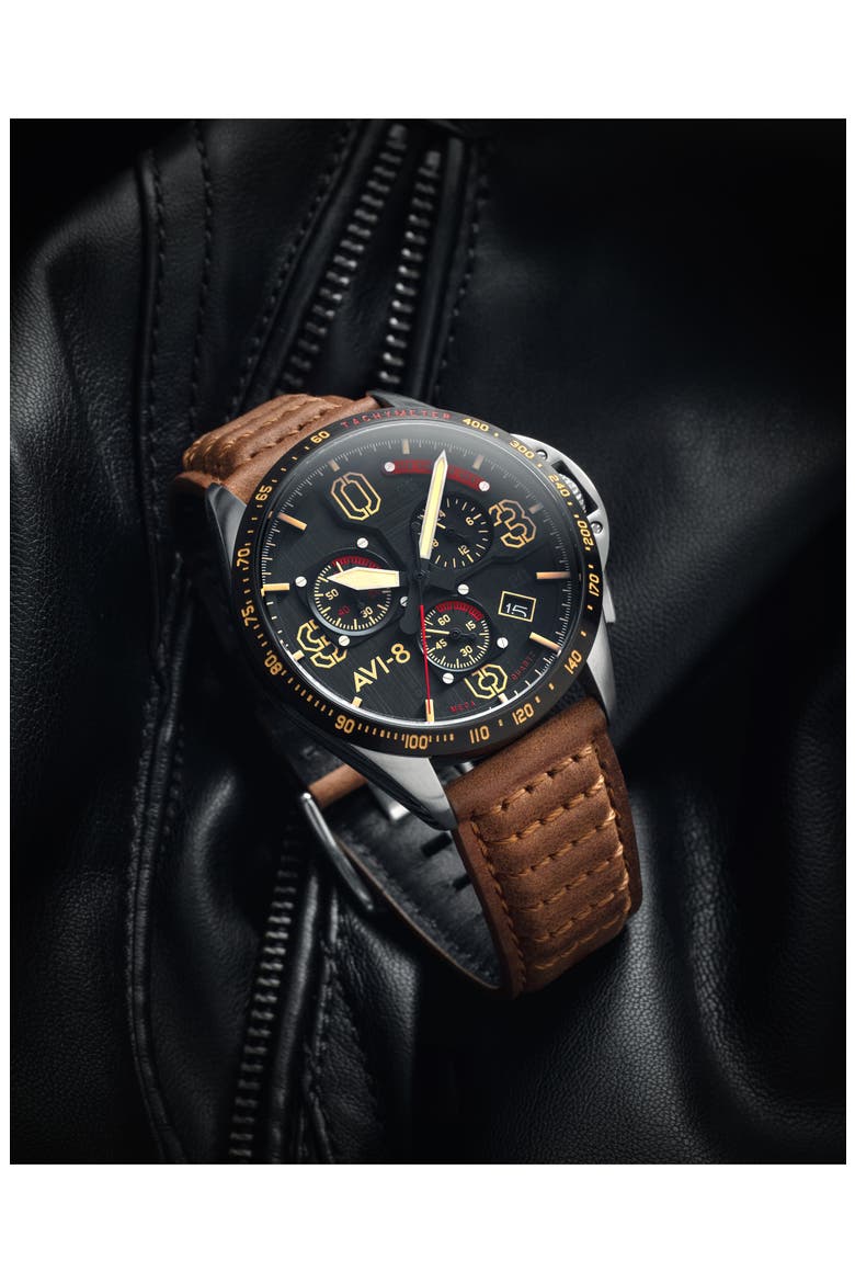 P-51 Mustang Blakeslee Chronograph Leather Strap Watch, 43mm, Alternate, color, BLACK