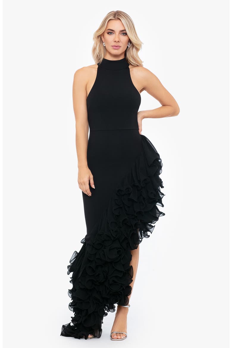 Ruffle Detail Asymmetric Body-Con Ponte Gown, Alternate, color, BLACK