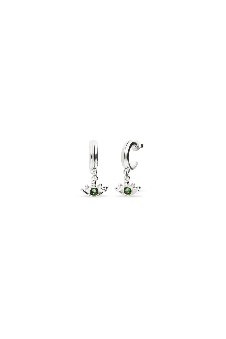 Silver Plated Hoop Earrings with Eye Detail with Green Faceted Crystal, Main, color, Silver