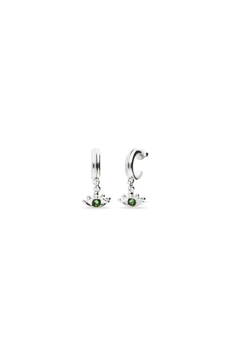 Silver Plated Hoop Earrings with Eye Detail with Green Faceted Crystal