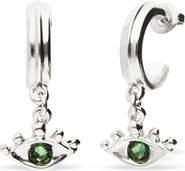 UNODE50 Silver Plated Hoop Earrings with Eye Detail with Green Faceted Crystal