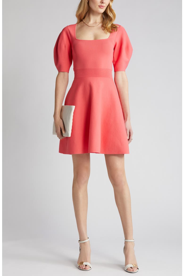 Hayliy Puff Sleeve Knit Skater Dress, Main, color, CORAL