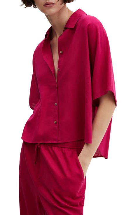 Short Sleeve Linen Blend Button-Up Shirt