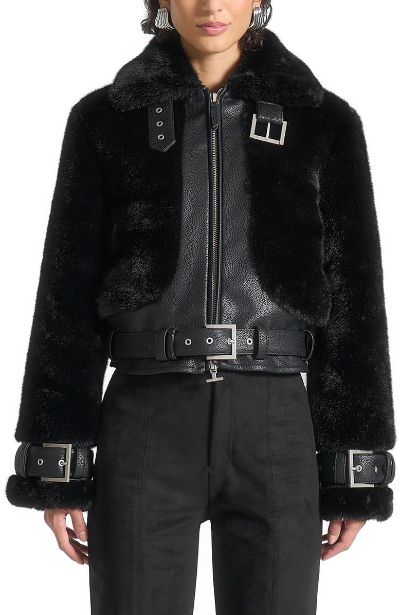Manière De Voir Deya Plush & Leather Leather Belted Jacket, Main, color, 