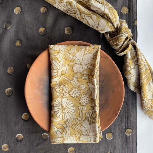 Ichcha Hand Block Print Cotton Napkins In Gold