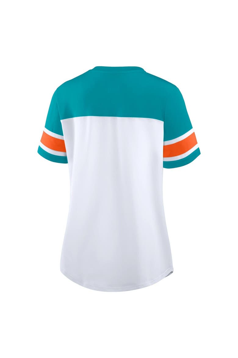 Women's Fanatics White/Aqua Miami Dolphins Athena Rhinestone Lace-Up V-Neck T-Shirt, Alternate, color, White