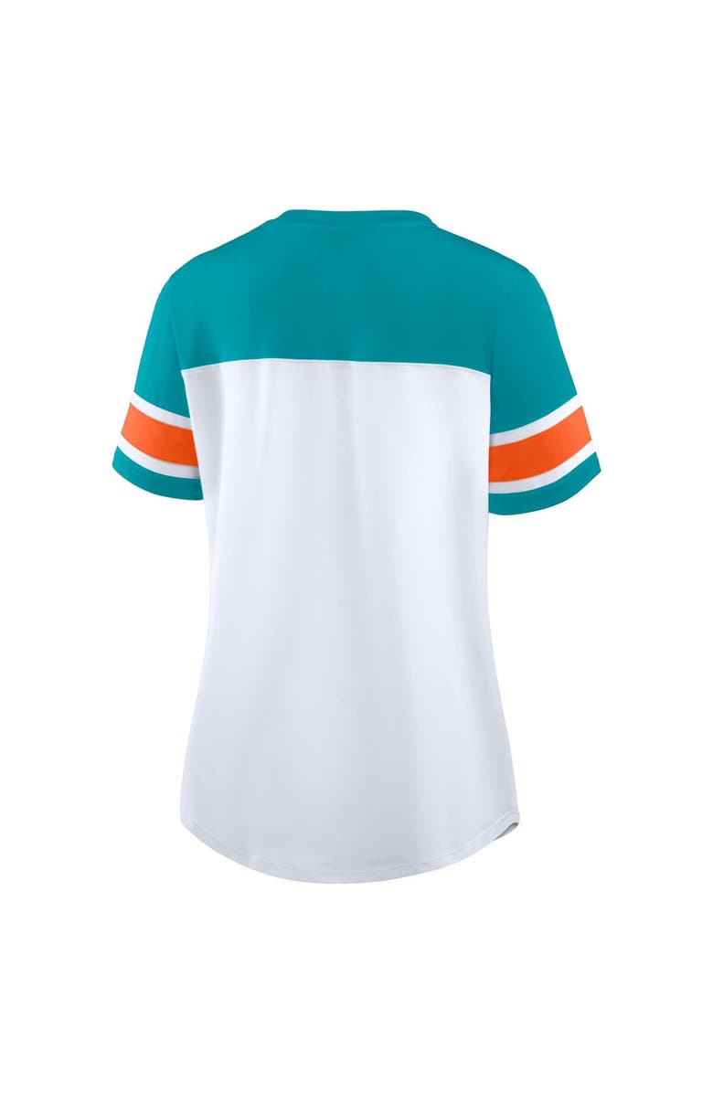 FANATICS Women's Fanatics White/Aqua Miami Dolphins Athena Rhinestone Lace-Up V-Neck T-Shirt, Alternate, color, White