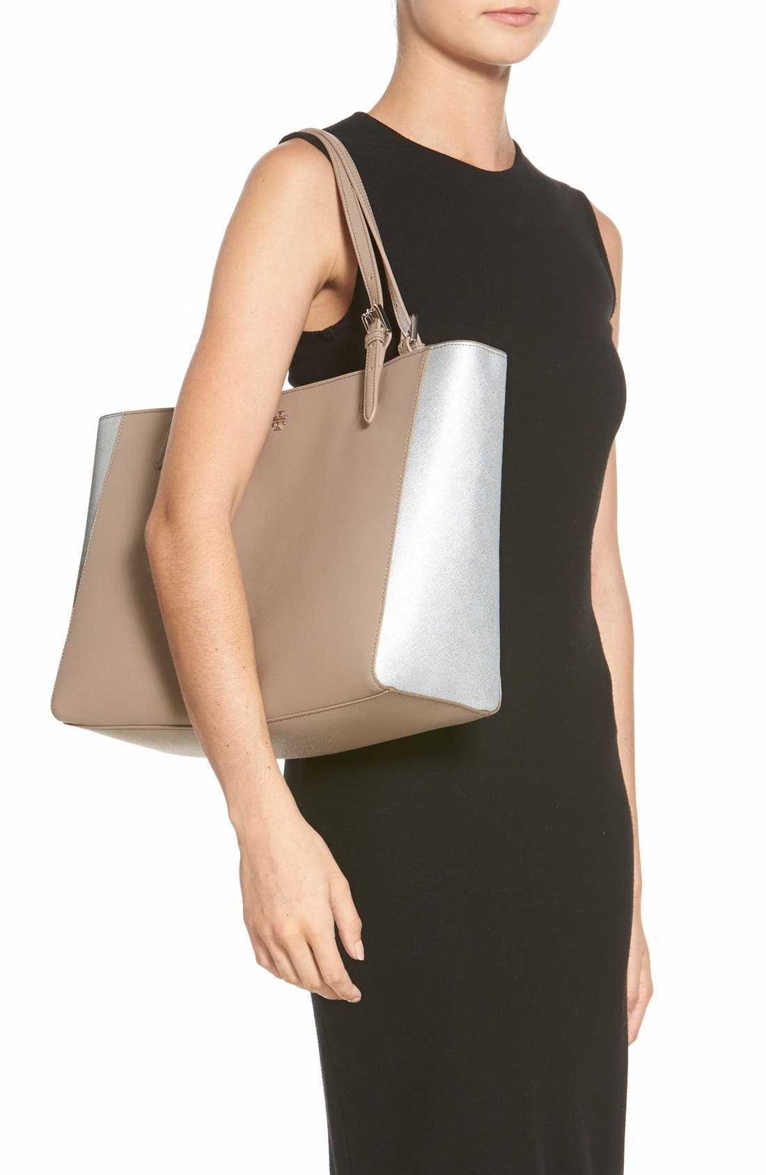 'York' Colorblock Buckle Tote, Alternate, color, FRENCH GREY/ SILVER